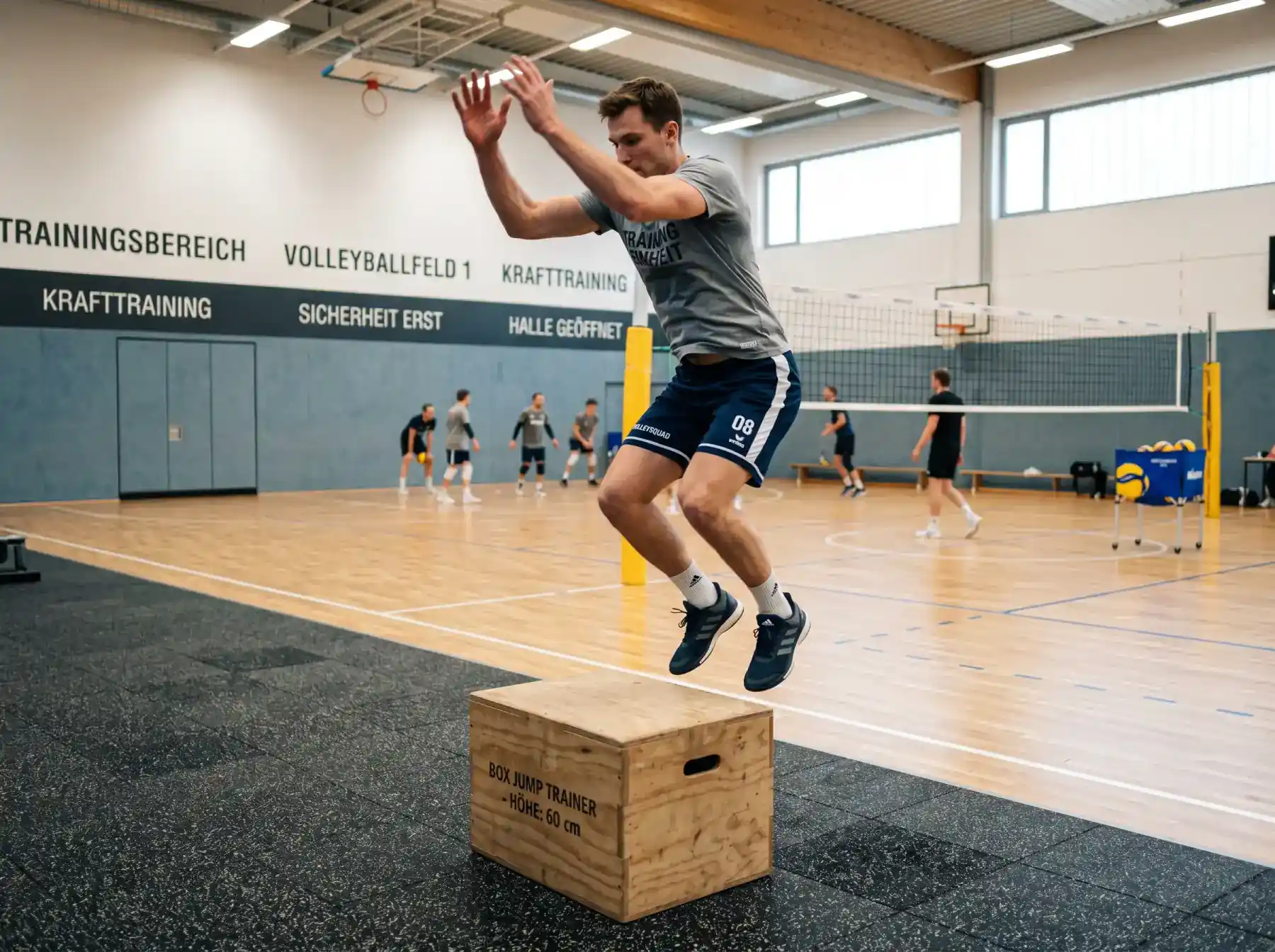 Volleyballspieler beim plyometrischen Sprungkrafttraining in der Sporthalle