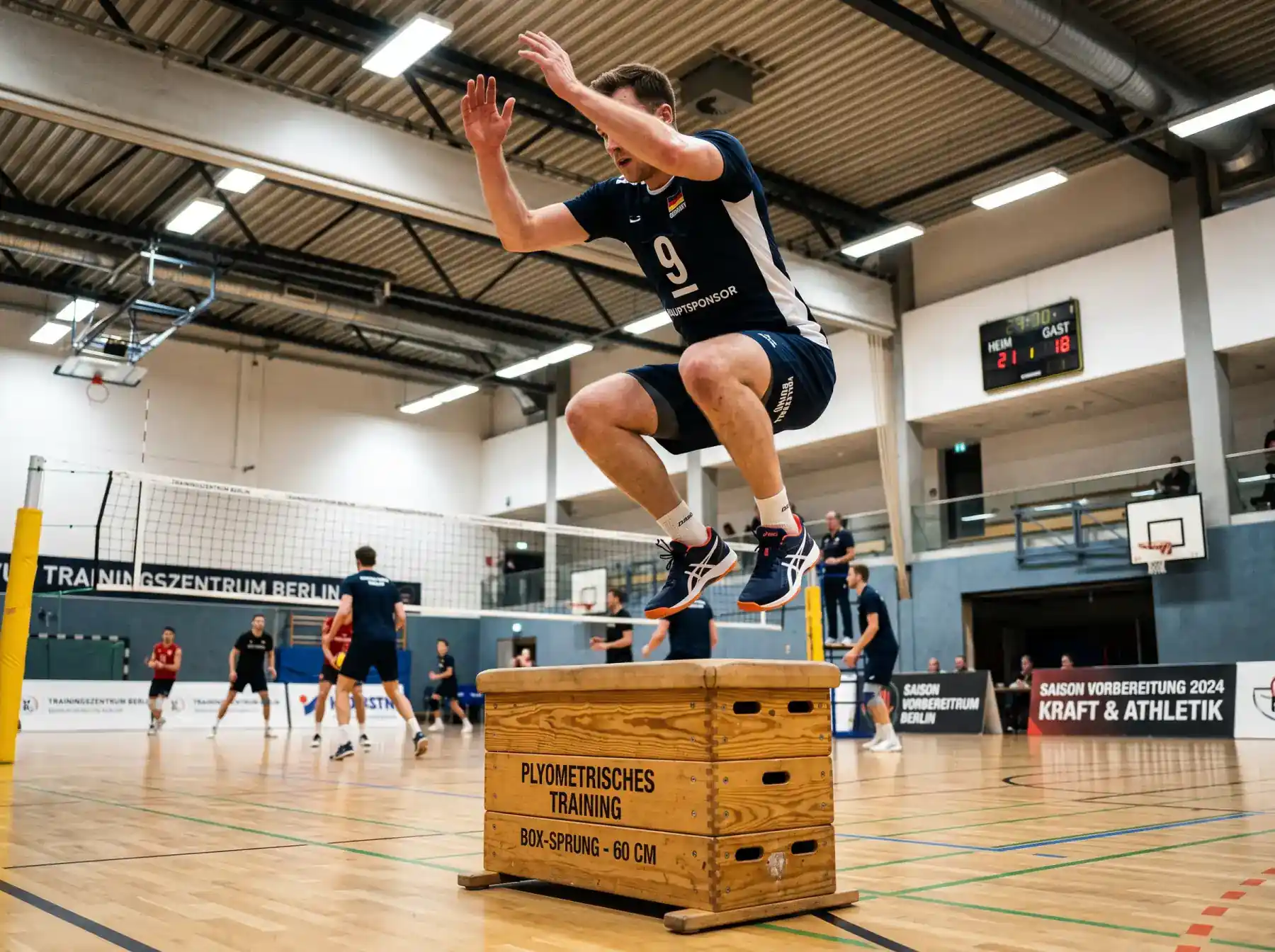 Volleyball Training Tipps - Spieler beim plyometrischen Sprungtraining in der Halle