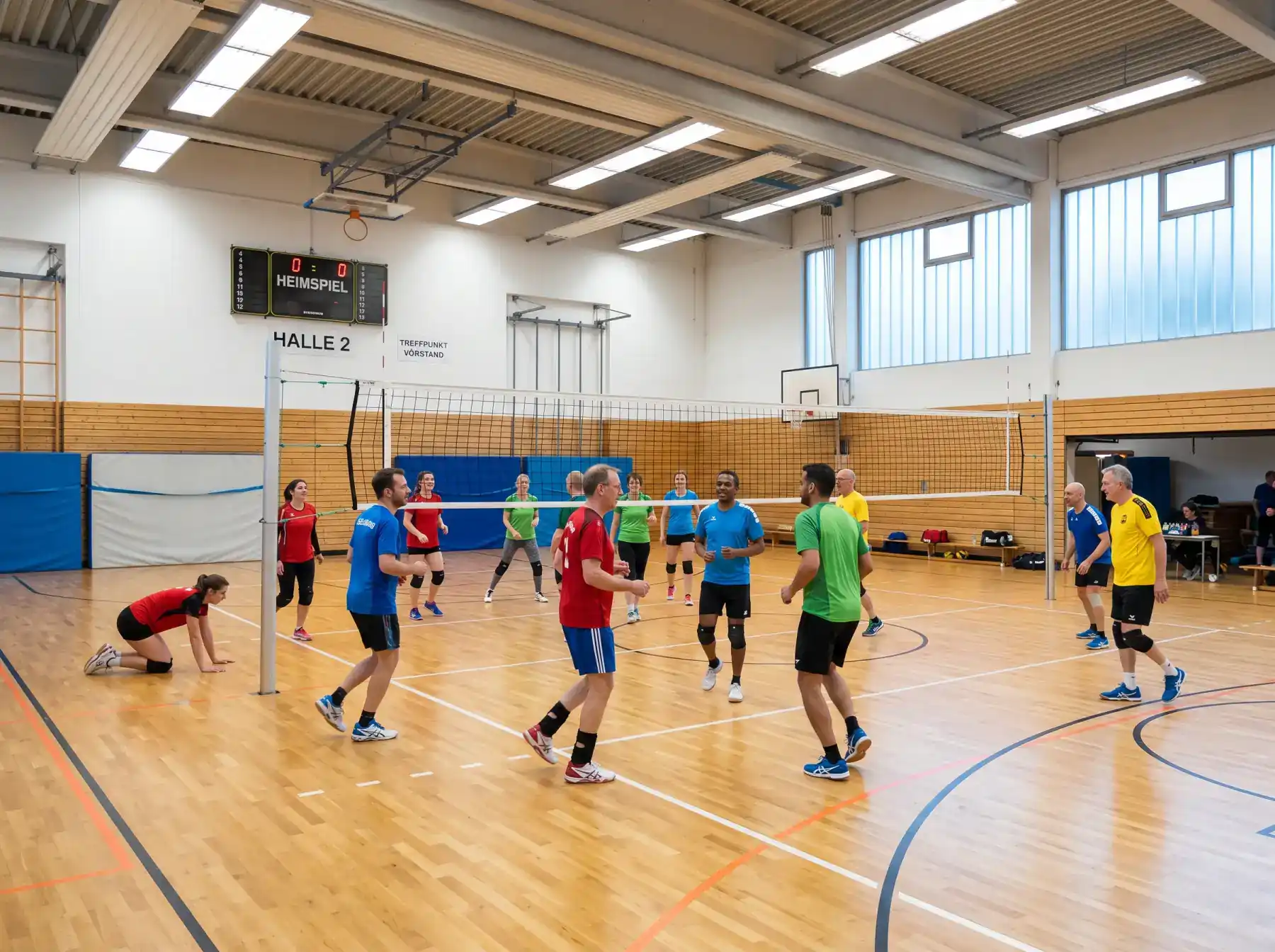 Volleyball-Training in einer deutschen Sporthalle mit Spielern beim Aufwärmen